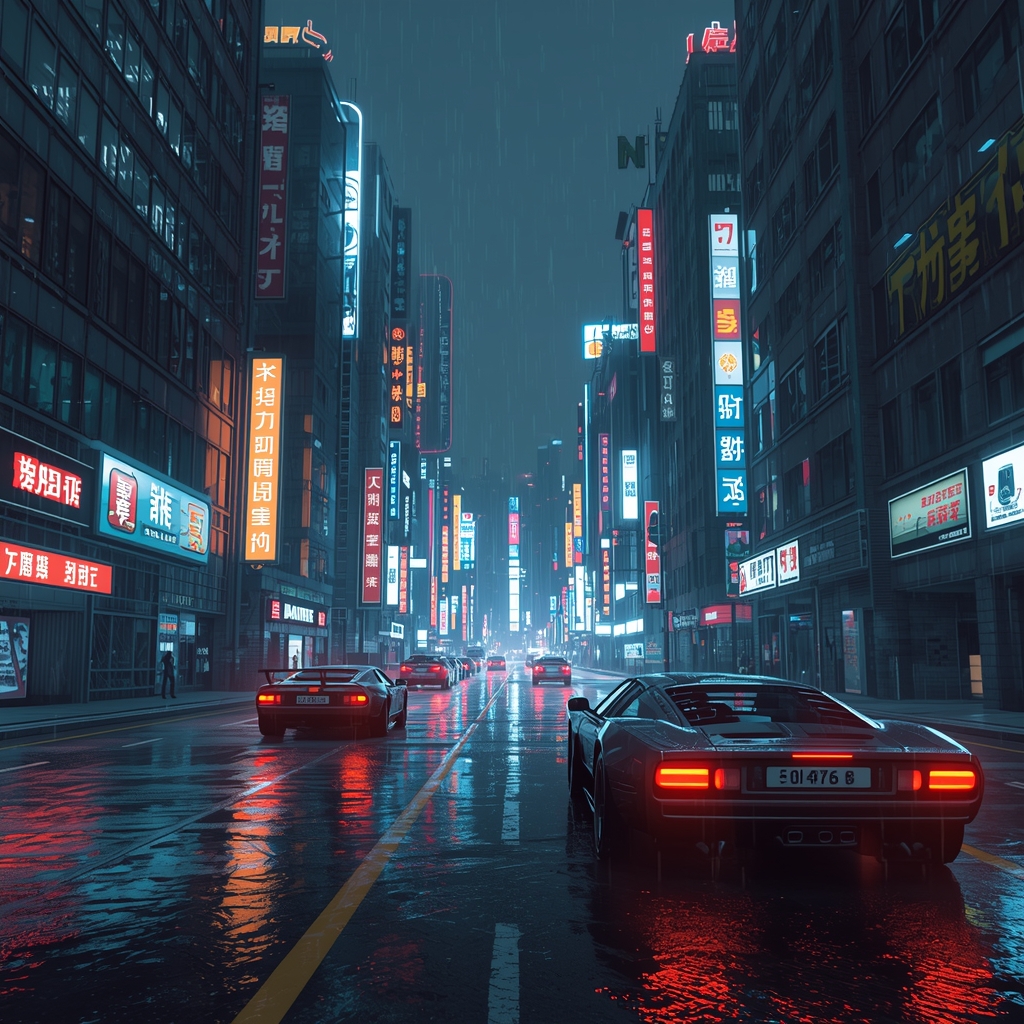 Futuristic cyberpunk city at night,
neon signs, flying cars, rain reflections,
cinematic wide-angle view, sci-fi atmosphere,
ultra-detailed, 4K resolution