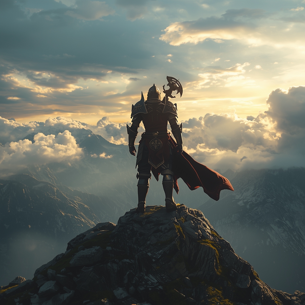 Epic fantasy warrior standing on a mountain peak,
dramatic cloudy sky, cinematic lighting,
ultra-detailed armor, realistic textures,
wide shot, masterpiece quality