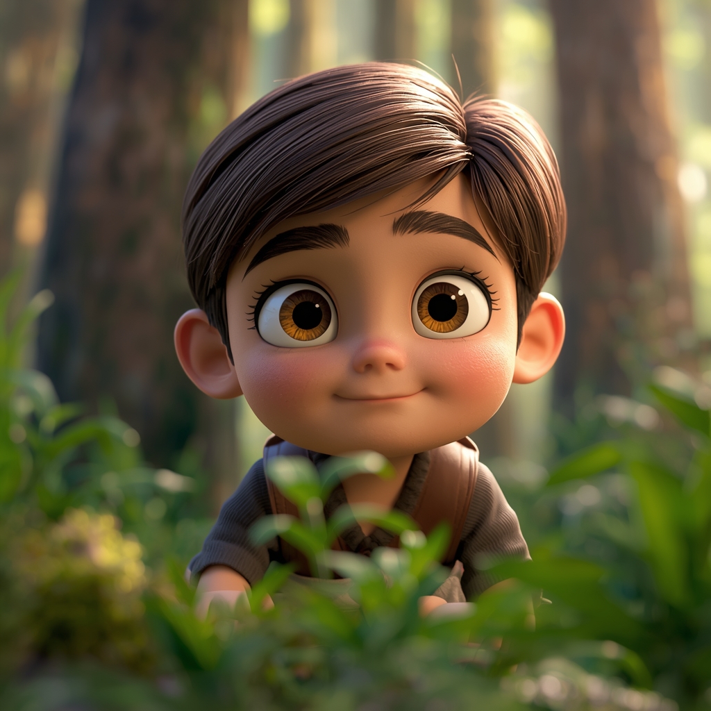 Cute Pixar-style animated character of a young boy exploring a magical forest,
big expressive eyes, vibrant colors, soft lighting,
3D render, ultra-detailed, animated movie style