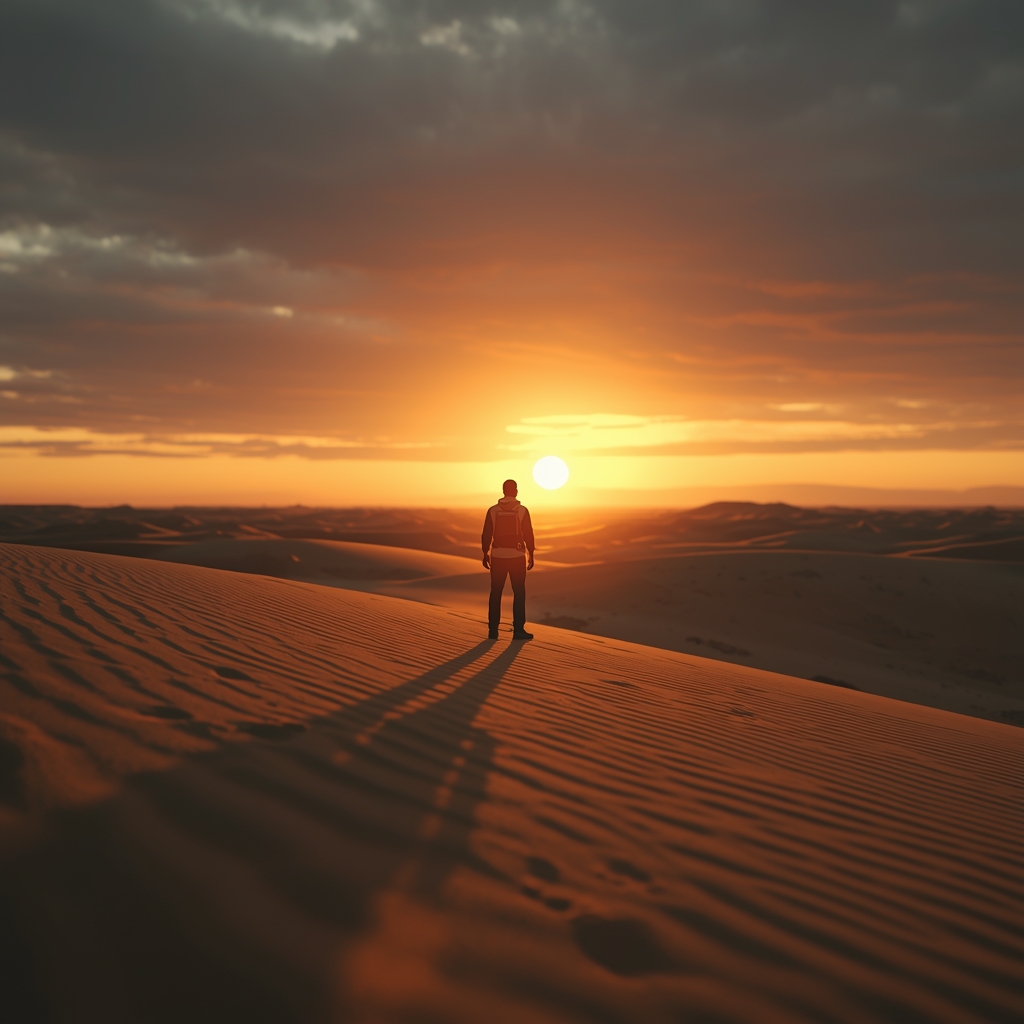 Ultra-realistic cinematic photograph of a lone traveler standing in a vast desert at sunset,
dramatic lighting, soft shadows, 85mm lens, shallow depth of field,
8K resolution, photorealistic, highly detailed