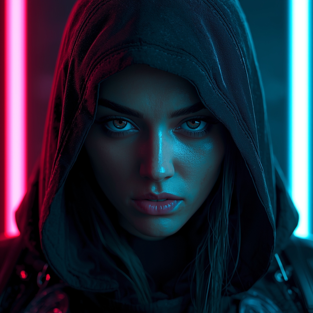 Ultra-realistic cinematic portrait of a futuristic cyberpunk warrior, neon lighting, shallow depth of field, 8K resolution, highly detailed1