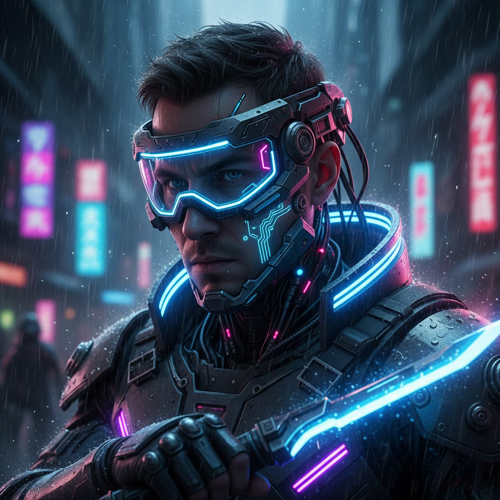 Ultra-realistic cinematic portrait of a futuristic cyberpunk warrior, neon lighting, shallow depth of field, 8K resolution, highly detailed